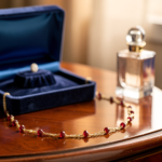 Dettaglio elegante collana artigianale dorata con piccole perline rosso bordeaux distribuite lungo la catena, gioiello elegante e minimal.