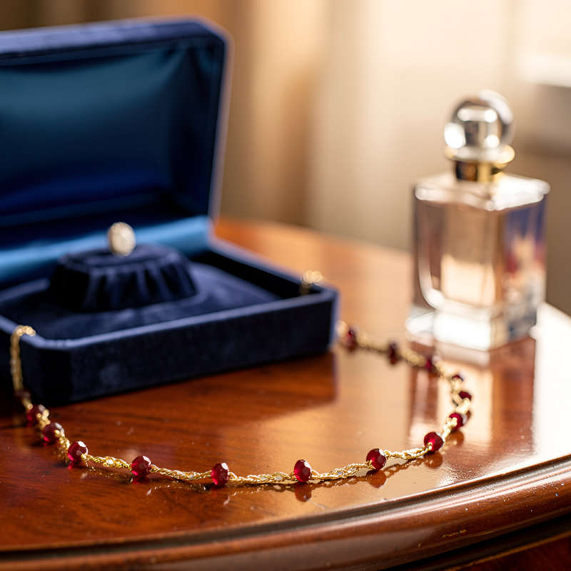 Dettaglio elegante collana artigianale dorata con piccole perline rosso bordeaux distribuite lungo la catena, gioiello elegante e minimal.