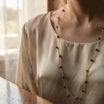 Collana artigianale dorata con piccole perline rosso bordeaux distribuite lungo la catena, gioiello elegante e minimal.