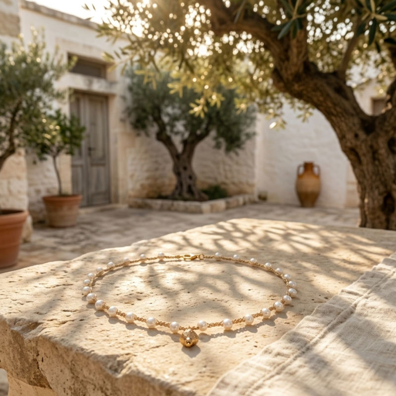 Ciondolo pumo pugliese in pietra naturale collana handmade con perle bianche