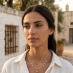 Collana pumo pietra e perle bianche stile mediterraneo gioiello pugliese artigianale indossato da modella