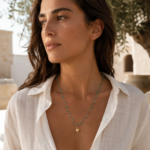 Collana artigianale Pumo Mediterraneo con perline ispirate al mare e alla cultura pugliese. Gioiello handmade, stile mediterraneo, perfetto come collana estiva elegante, regalo donna, accessorio fashion boho chic e Made in Italy. Gioiello su modella in Puglia.