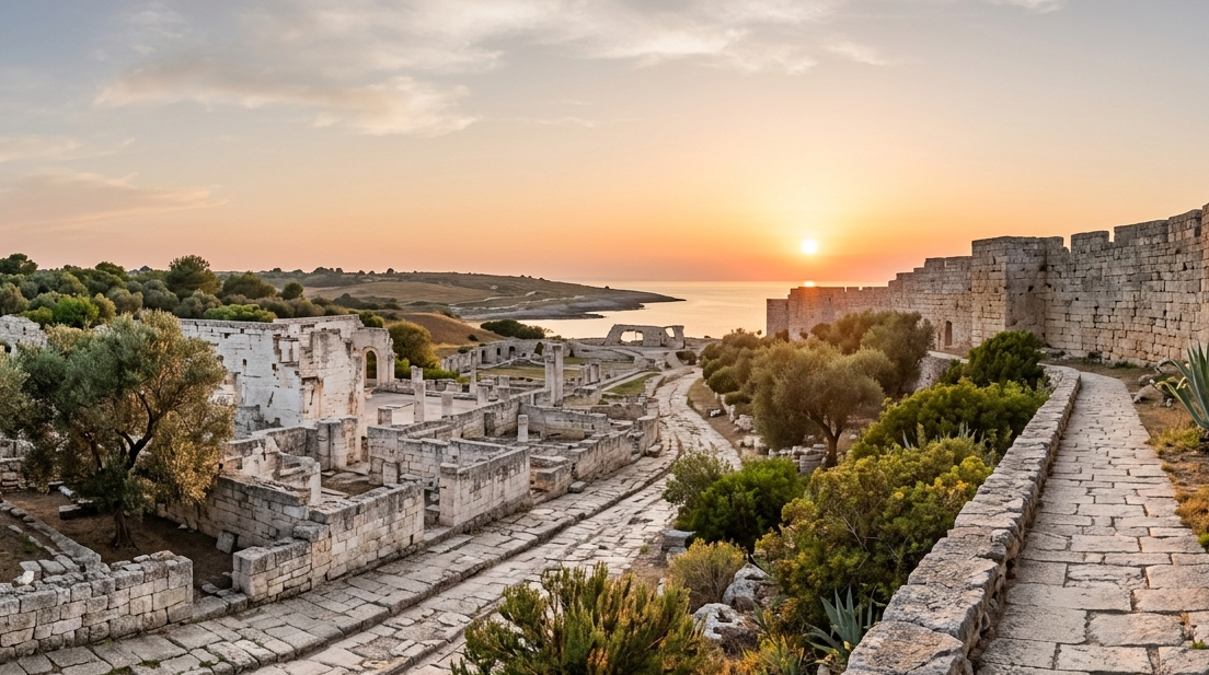 Antiche rovine in pietra calcarea del Parco Archeologico di Egnazia in Puglia illuminate dalla luce del tramonto