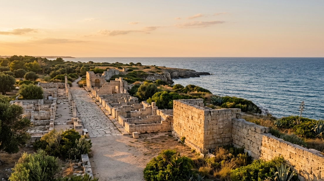 Mura antiche di Egnazia vicino al mare Adriatico in Puglia durante la luce del tramonto