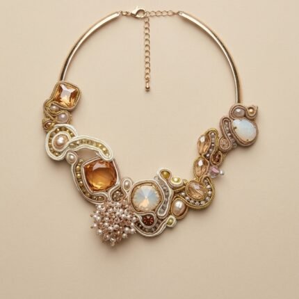 Collana artigianale soutache Alba d'Oro con cristalli ambra e base ottone anallergico collezione Doralie