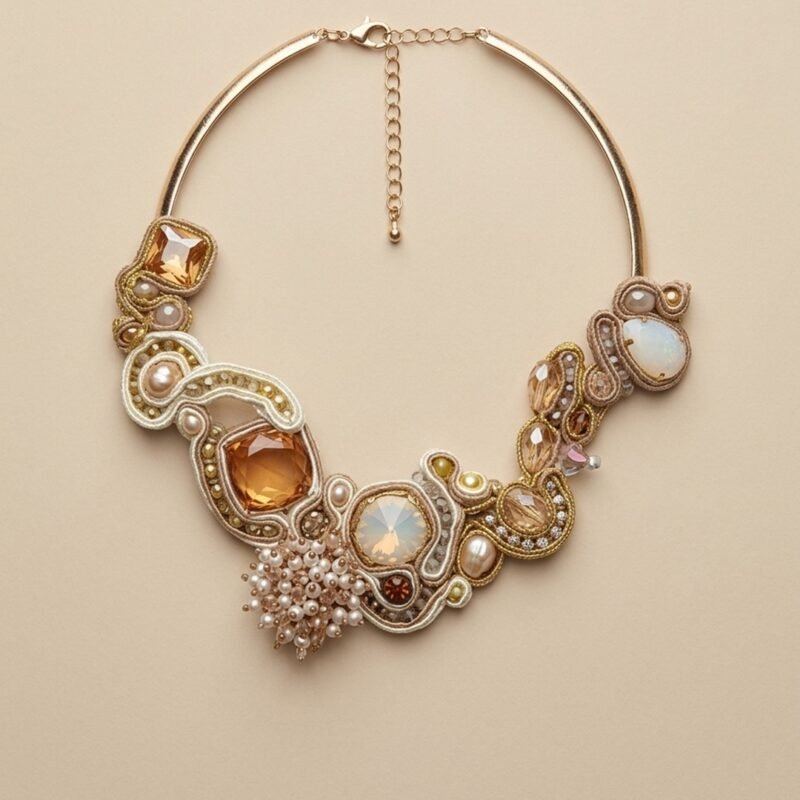 Collana artigianale soutache Alba d'Oro con cristalli ambra e base ottone anallergico collezione Doralie